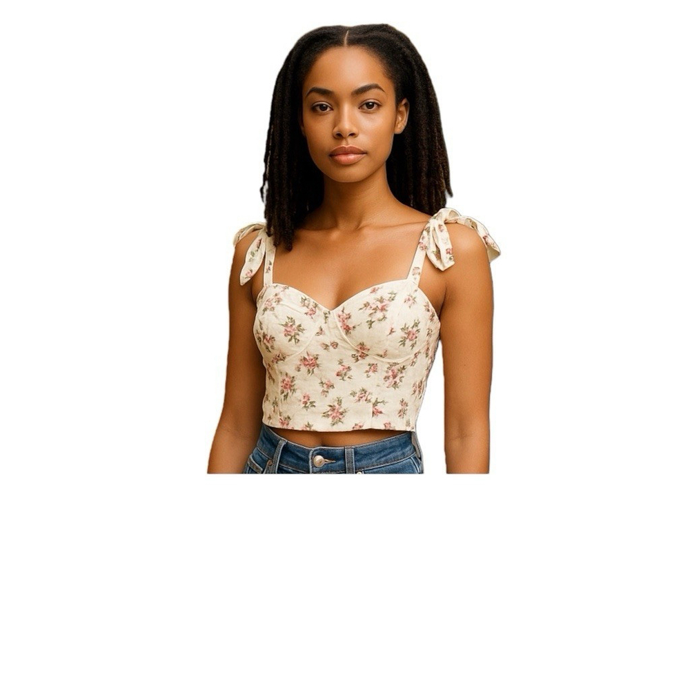 Giovanna Floral Tie Strap Linen Corset Top Large crop cottage fairy